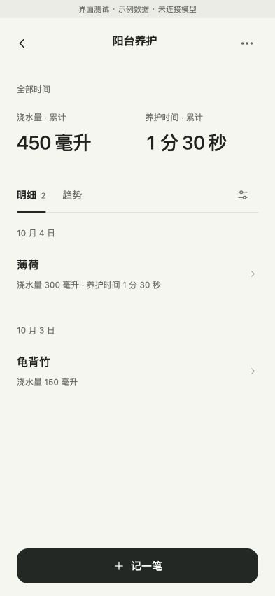 tuck 记录本实际界面:阳台养护,累计浇水 450 毫升、养护 1 分 30 秒,下方按日期展示薄荷与龟背竹记录。界面使用示例数据。